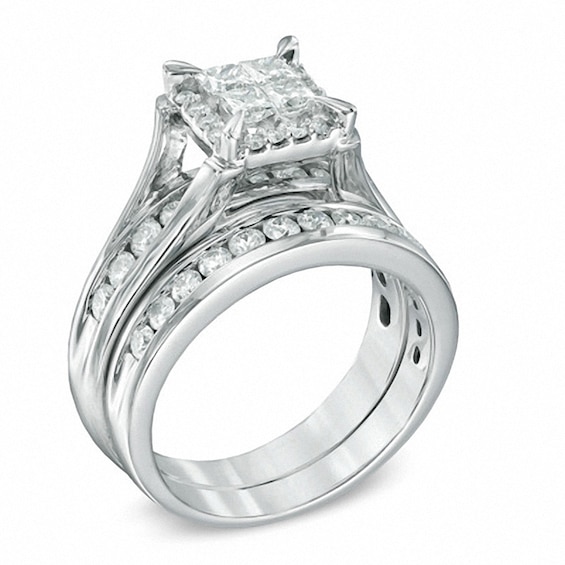 Previously Owned - 1-1/2 CT. T.w. Quad Princess-Cut Diamond Soldered Bridal Set in 14K White Gold