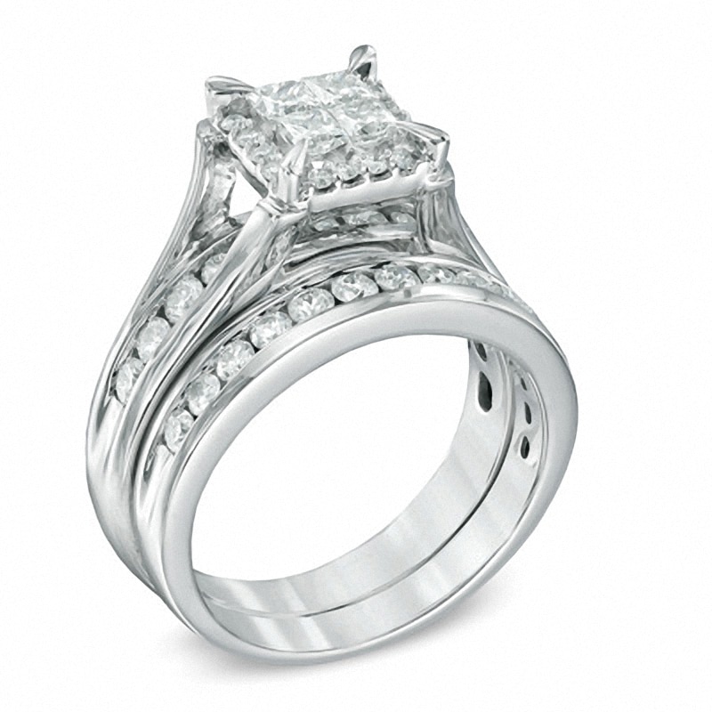 Main Image 2 of Previously Owned - 1-1/2 CT. T.W. Quad Princess-Cut Diamond Soldered Bridal Set in 14K White Gold