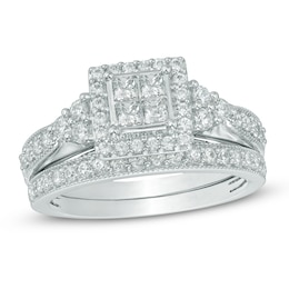 Previously Owned - 1 CT. T.W. Quad Princess-Cut Diamond Frame Tri-Sides Soldered Bridal Set in 10K White Gold