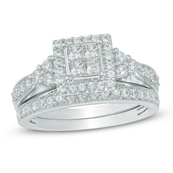 Previously Owned - 1 CT. T.w. Quad Princess-Cut Diamond Frame Tri-Sides Soldered Bridal Set in 10K White Gold