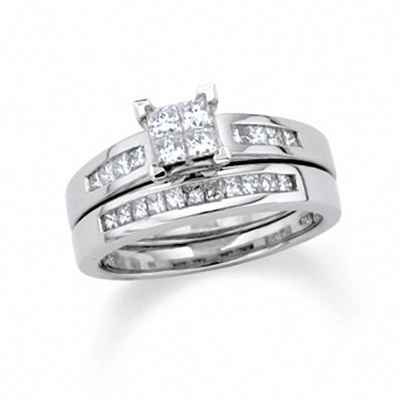 Previously Owned - 1-1/2 CT. T.w. Quad Princess-Cut Diamond Soldered Bridal Set in 14K White Gold