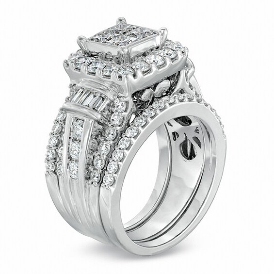 Previously Owned - 3 CT. T.w. Quad Princess-Cut Diamond Three Piece Soldered Bridal Set in 14K White Gold