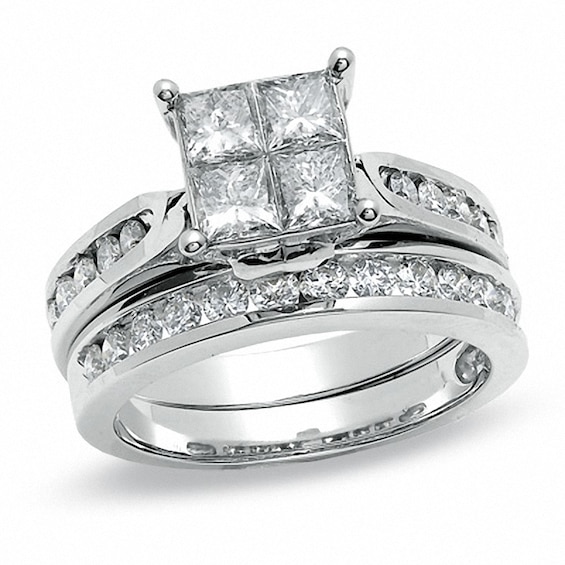 Previously Owned - 2 CT. T.w. Quad Princess-Cut Diamond Soldered Bridal Set in 14K White Gold