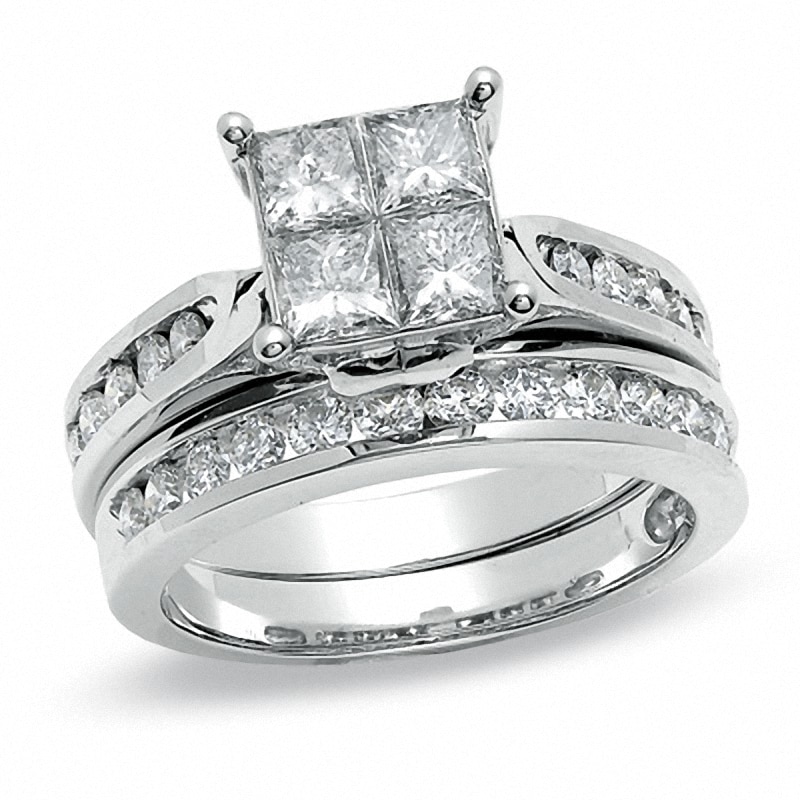 Main Image 1 of Previously Owned - 2 CT. T.W. Quad Princess-Cut Diamond Soldered Bridal Set in 14K White Gold
