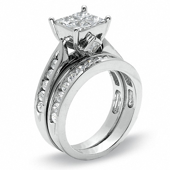 Previously Owned - 2 CT. T.w. Quad Princess-Cut Diamond Soldered Bridal Set in 14K White Gold