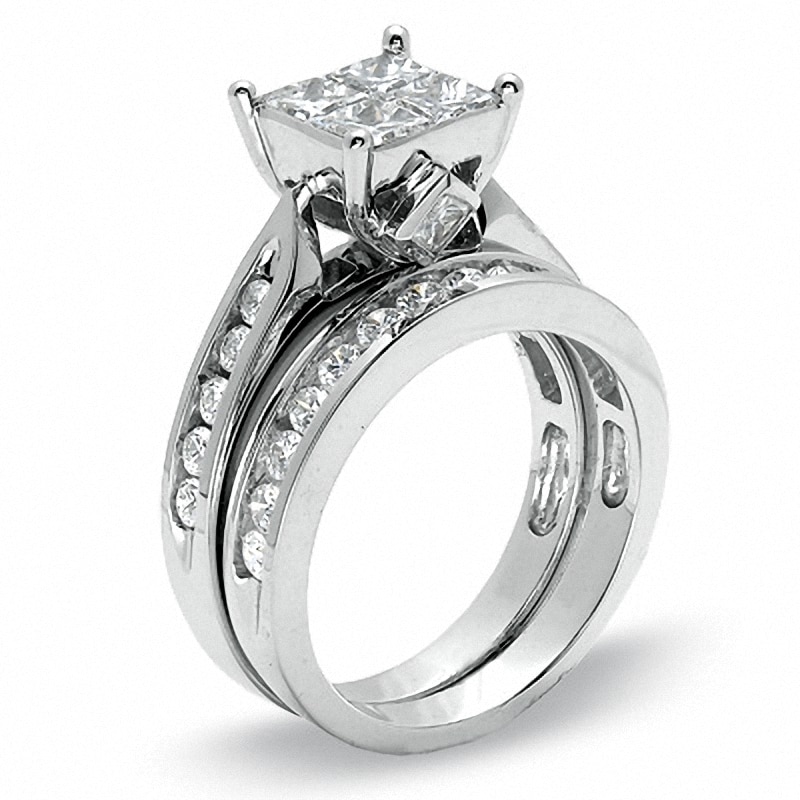 Main Image 2 of Previously Owned - 2 CT. T.W. Quad Princess-Cut Diamond Soldered Bridal Set in 14K White Gold