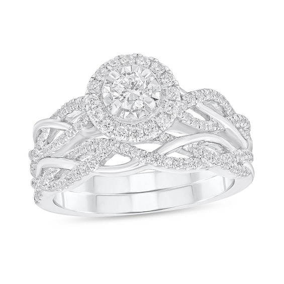 Previously Owned - 3/4 CT. T.w. Diamond Frame Twist Shank Soldered Bridal Set in 14K White Gold