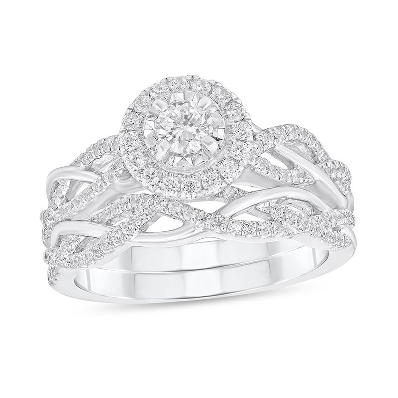 Main Image 1 of Previously Owned - 3/4 CT. T.W. Diamond Frame Twist Shank Soldered Bridal Set in 14K White Gold