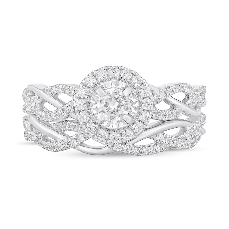 Main Image 3 of Previously Owned - 3/4 CT. T.W. Diamond Frame Twist Shank Soldered Bridal Set in 14K White Gold