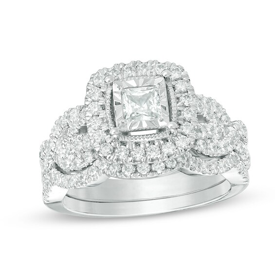 Previously Owned - 1-1/2 CT. T.w. Princess-Cut Diamond Frame Vintage-Style Twist Soldered Bridal Set in 14K White Gold