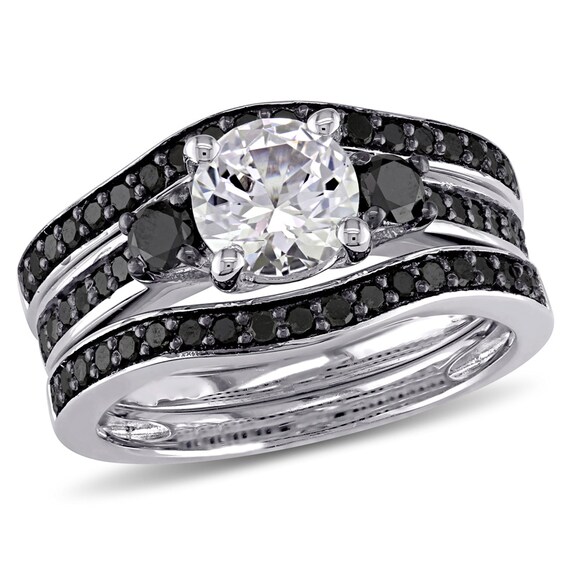 Previously Owned - Lab-Created White Sapphire and 3/4 CT. T.w. Black Diamond Soldered Bridal Set in Sterling Silver