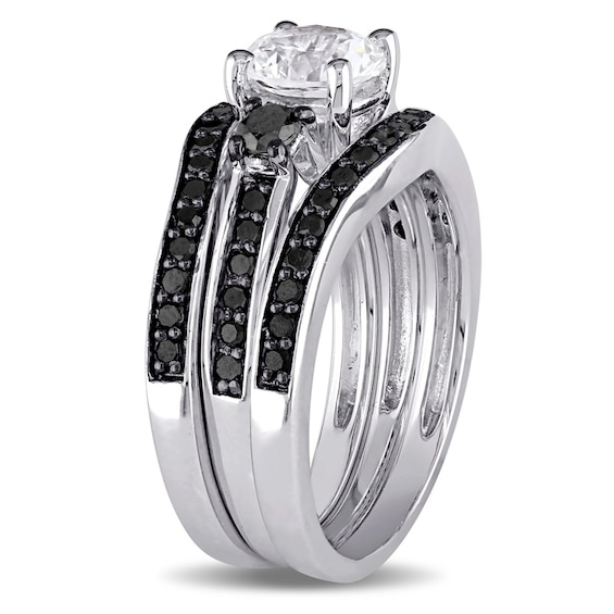 Previously Owned - Lab-Created White Sapphire and 3/4 CT. T.w. Black Diamond Soldered Bridal Set in Sterling Silver