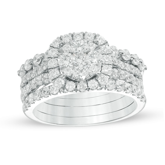 Previously Owned - 2 CT. T.w. Composite Diamond Cushion Frame Three Piece Soldered Bridal Set in 14K White Gold