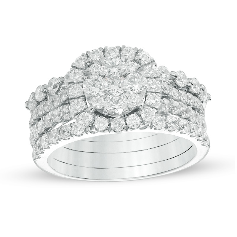 Main Image 1 of Previously Owned - 2 CT. T.W. Composite Diamond Cushion Frame Three Piece Soldered Bridal Set in 14K White Gold