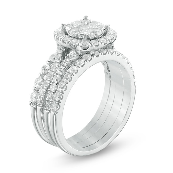 Previously Owned - 2 CT. T.w. Composite Diamond Cushion Frame Three Piece Soldered Bridal Set in 14K White Gold