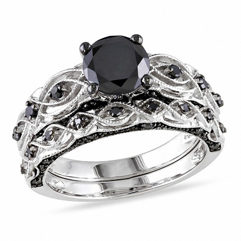 Main Image 1 of Previously Owned - 1-3/8 CT. T.W. Black Diamond Vintage-Style Soldered Bridal Set in 10K White Gold