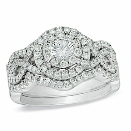 Previously Owned - 1-1/5 CT. T.W. Diamond Cluster Soldered Bridal Set in 14K White Gold