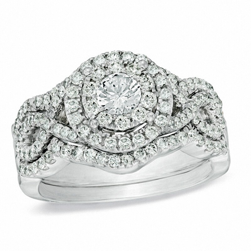 Main Image 1 of Previously Owned - 1-1/5 CT. T.W. Diamond Cluster Soldered Bridal Set in 14K White Gold