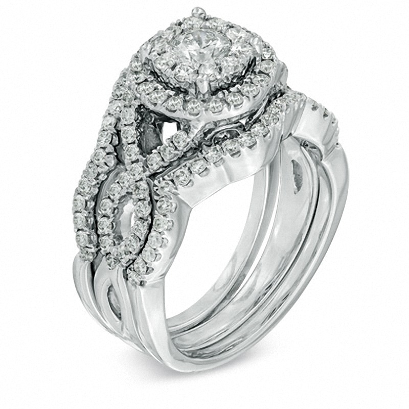 Main Image 2 of Previously Owned - 1-1/5 CT. T.W. Diamond Cluster Soldered Bridal Set in 14K White Gold
