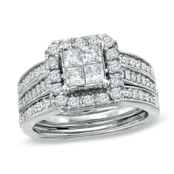 Previously Owned - 1-1/2 CT. T.w. Quad Princess-Cut Diamond Vintage-Style Soldered Bridal Set in 14K White Gold