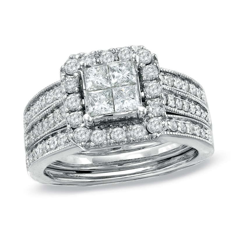 Main Image 1 of Previously Owned - 1-1/2 CT. T.W. Quad Princess-Cut Diamond Vintage-Style Soldered Bridal Set in 14K White Gold