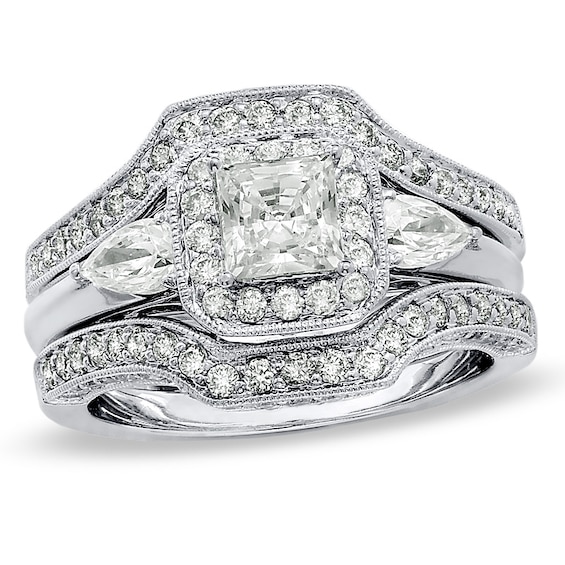 Previously Owned - 2 CT. T.w. Princess-Cut Diamond Frame Soldered Bridal Set in 14K White Gold