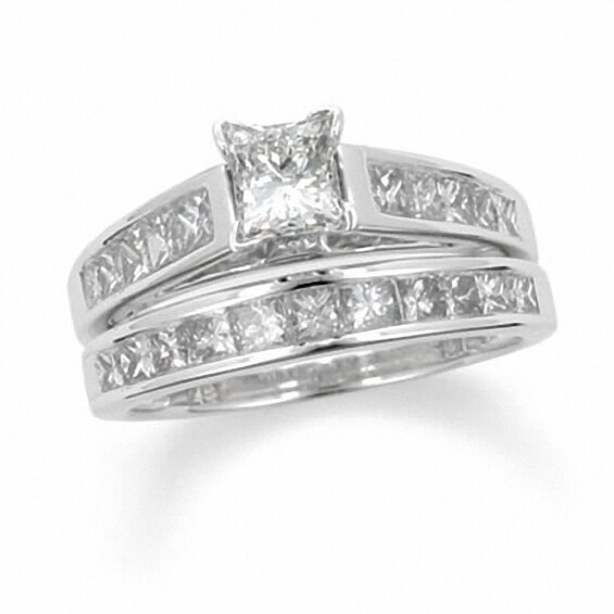 Previously Owned - 1 CT. T.w. Square-Cut Diamond Soldered Bridal Set in 14K White Gold