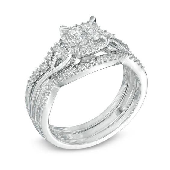 Previously Owned - 3/8 CT. T.w. Diamond Cluster Frame Three Piece Soldered Bridal Set in 10K White Gold