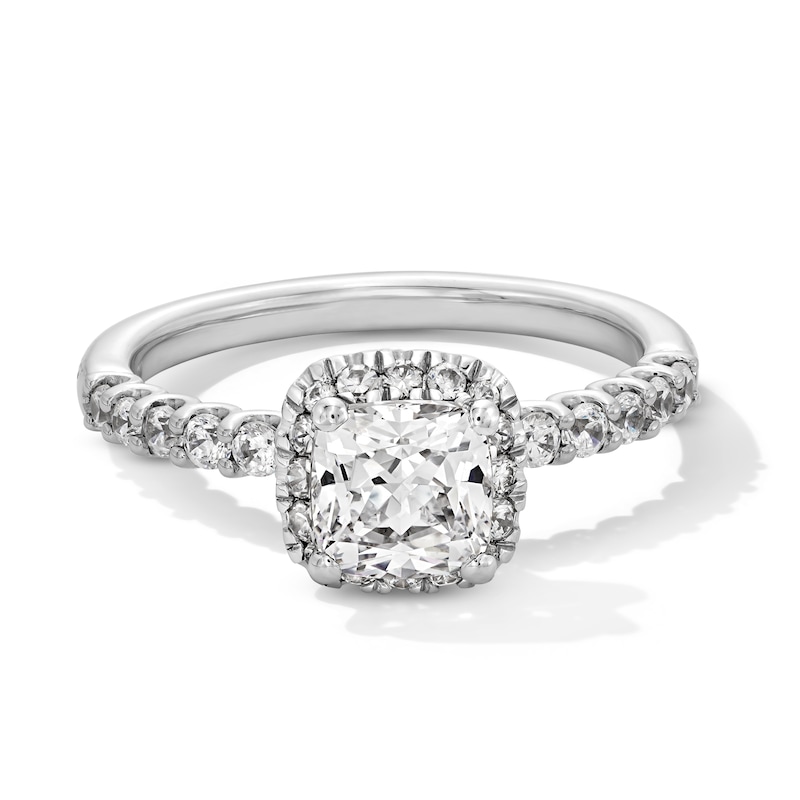 Main Image 1 of 1-1/2 CT. T.W. Cushion-Cut Certified Lab-Grown Diamond Frame Ring in 14K White Gold (F/SI2)