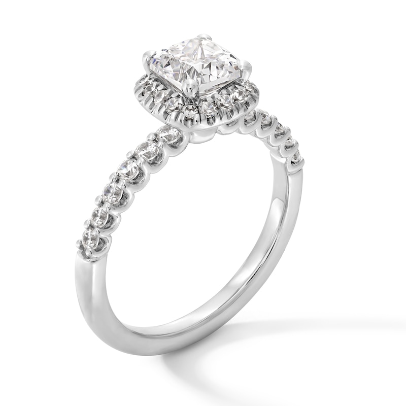 Main Image 2 of 1-1/2 CT. T.W. Cushion-Cut Certified Lab-Grown Diamond Frame Ring in 14K White Gold (F/SI2)