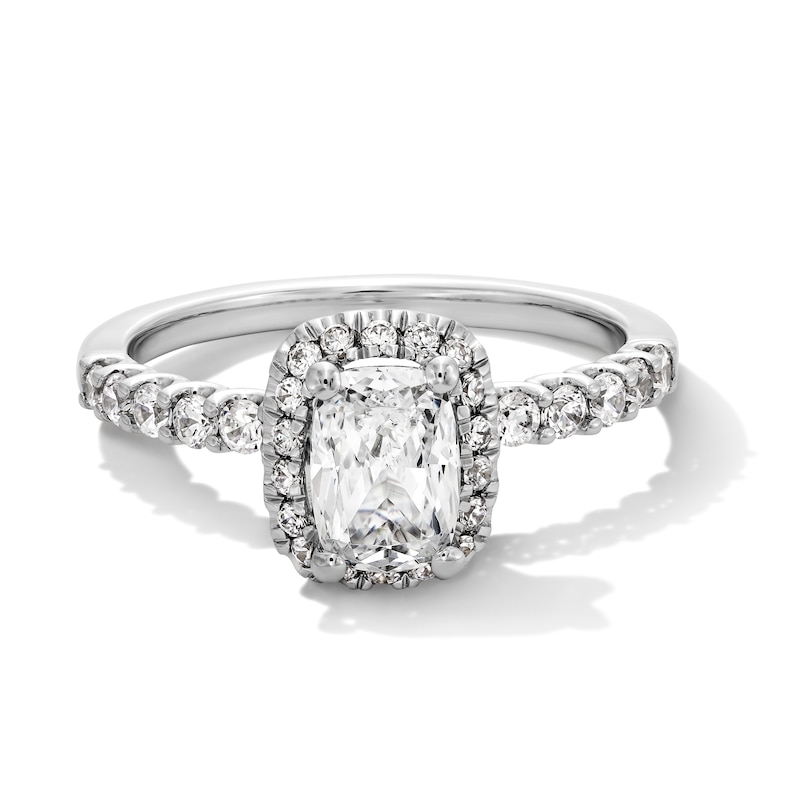 Main Image 1 of 1-1/2 CT. T.W. Elongated Cushion-Cut Certified Lab-Grown Diamond Frame Ring in 14K White Gold (F/VS2)