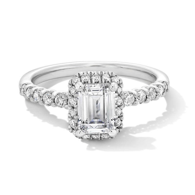 Main Image 1 of 1-1/2 CT. T.W. Emerald-Cut Certified Lab-Grown Diamond Frame Ring in 14K White Gold (F/SI2)