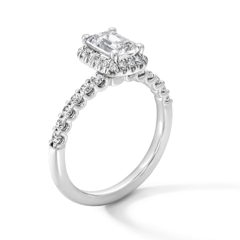 Main Image 2 of 1-1/2 CT. T.W. Emerald-Cut Certified Lab-Grown Diamond Frame Ring in 14K White Gold (F/SI2)