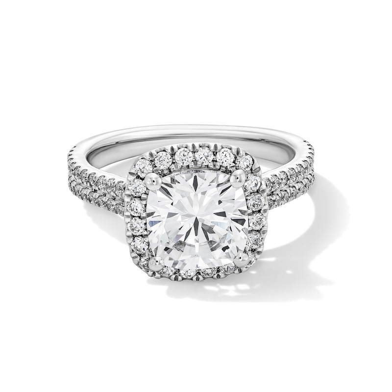 Main Image 1 of 2-5/8 CT. T.W. Cushion-Cut Certified Lab-Grown Diamond Frame Ring in 14K White Gold (F/SI2)