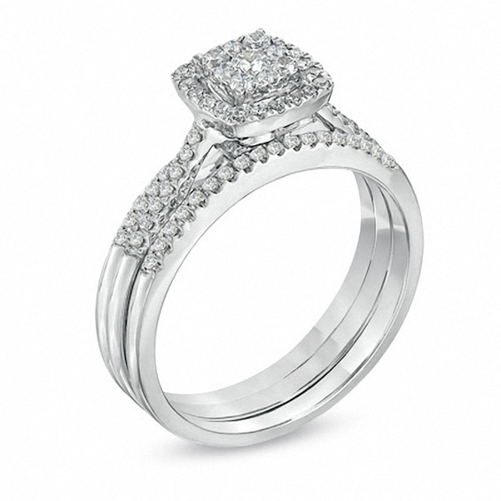 Previously Owned - 1/2 CT. T.w. Diamond Cluster Square Frame Three-Piece Soldered Bridal Set in 10K White Gold