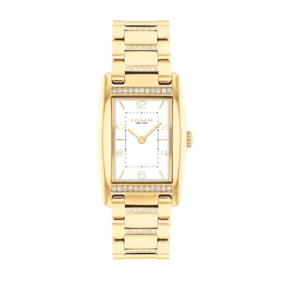 Ladies' Coach Reese Crystal Accent Gold-Tone IP Watch with Rectangular White Dial (Model: 14504316)