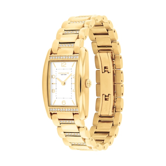 Ladies' Coach Reese Crystal Accent Gold-Tone IP Watch with Rectangular White Dial (Model: 14504316)