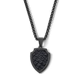 Shield Pendant in Leather and Stainless Steel with Black Ion Plate - 22”