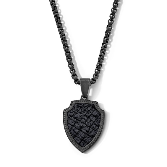 Shield Pendant in Leather and Stainless Steel with Black Ion Plate - 22â