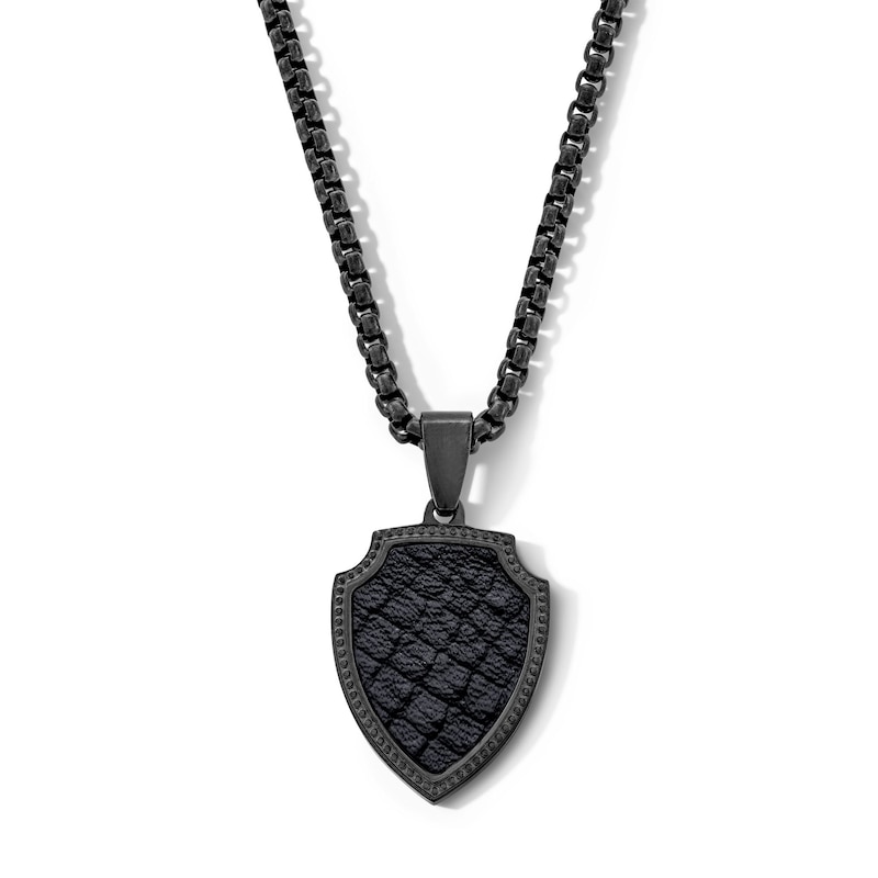 Main Image 1 of Shield Pendant in Leather and Stainless Steel with Black Ion Plate - 22”