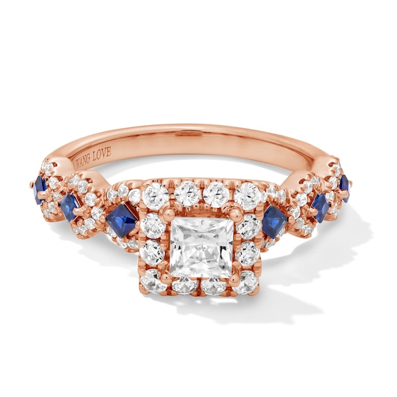 1 CT. T.w. Princess-Cut Diamond Halo Engagement Ring with Sapphire Accents in 14K Rose Gold (I/Si2)