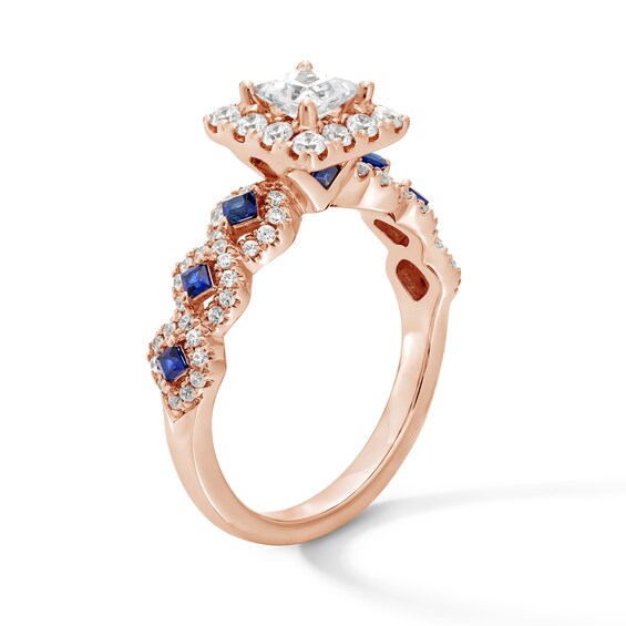 1 CT. T.w. Princess-Cut Diamond Halo Engagement Ring with Sapphire Accents in 14K Rose Gold (I/Si2)