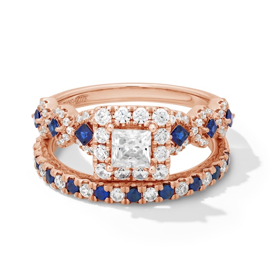 1 CT. T.w. Princess-Cut Diamond Halo Engagement Ring with Sapphire Accents in 14K Rose Gold (I/Si2)