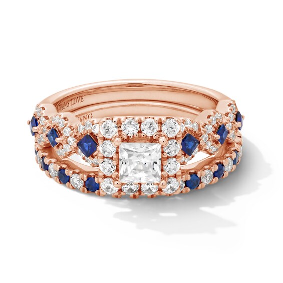 1 CT. T.w. Princess-Cut Diamond Halo Engagement Ring with Sapphire Accents in 14K Rose Gold (I/Si2)