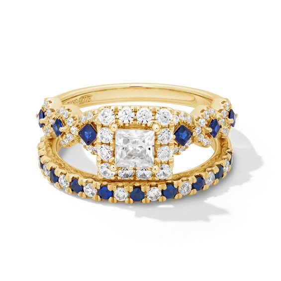 Vera Wang Love Collection 1 CT. T.w. Princess-Cut Diamond Frame and Sapphire Engagement Ring in 14K Gold