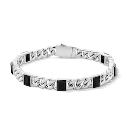 Baguette Black Agate Curb Chain Bracelet in Hollow Sterling Silver - 8.5”