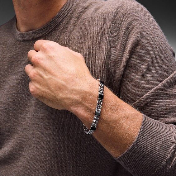 Baguette Black Agate Curb Chain Bracelet in Hollow Sterling Silver - 8.5â