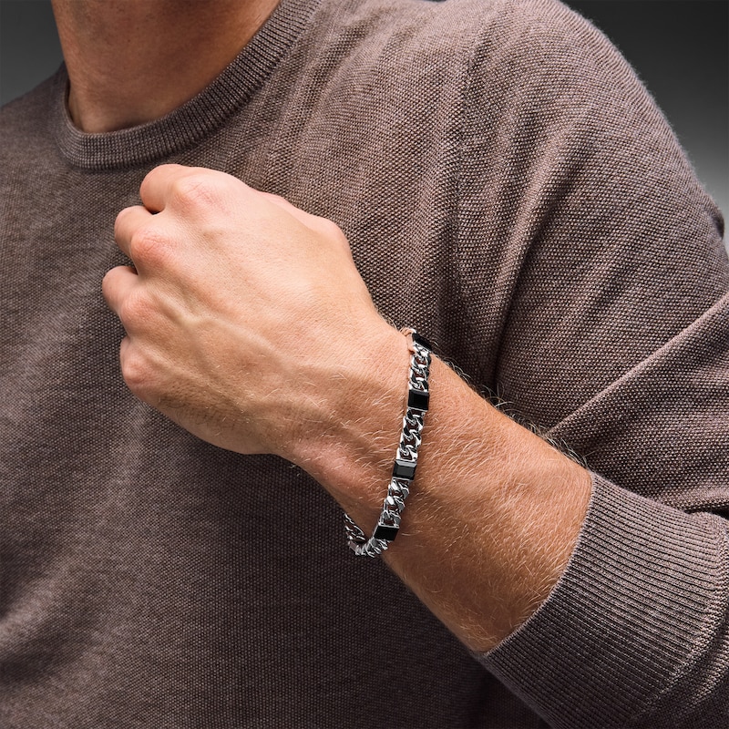 Main Image 2 of Baguette Black Agate Curb Chain Bracelet in Hollow Sterling Silver - 8.5”