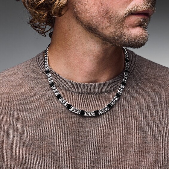 8.0mm Baguette Black Agate Curb Chain Necklace in Hollow Sterling Silver - 22”