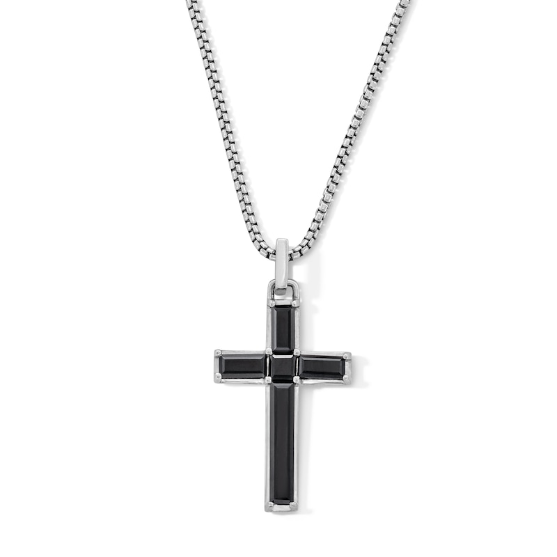 Main Image 1 of Asscher- and Baguette-Cut Black Onyx Cross Pendant in Sterling Silver - 24”